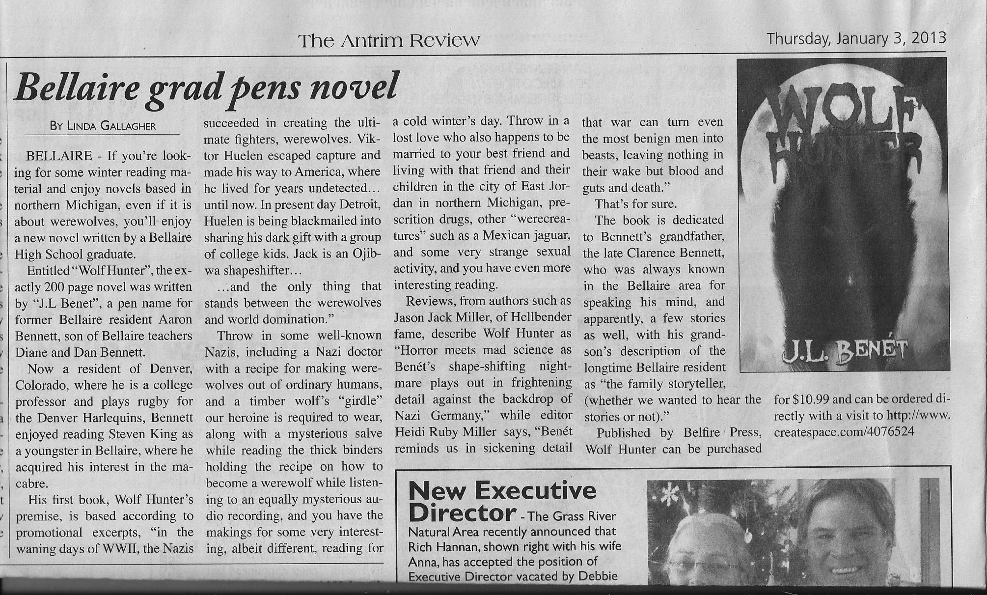 A nice article about Wolf Hunter in the Jan. 3rd edition of The Antrim Review.http://www.antrimreview.net/ 